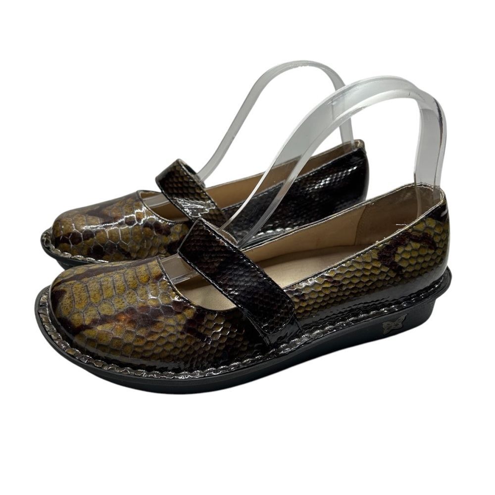 Alegria leather Black green Mary Jane reptile animal print slip on clogs 38